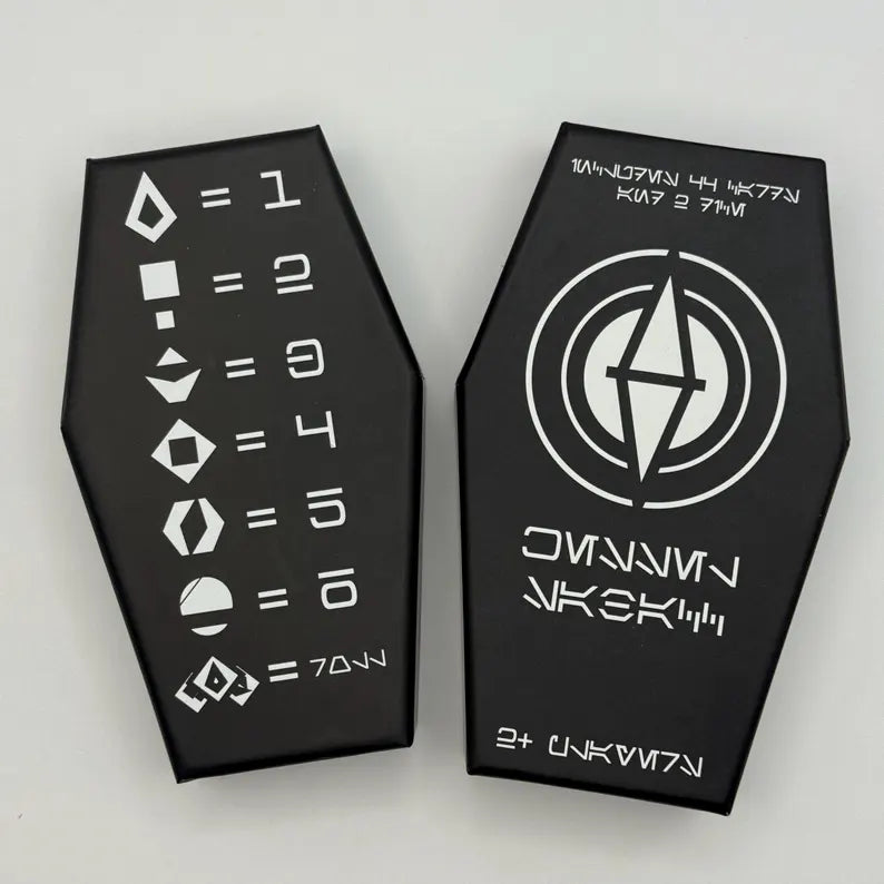 Close-up of the Sabacc card deck packaging, highlighting the unique number and symbol guide. Stylish and durable design for collectors and card game enthusiasts.