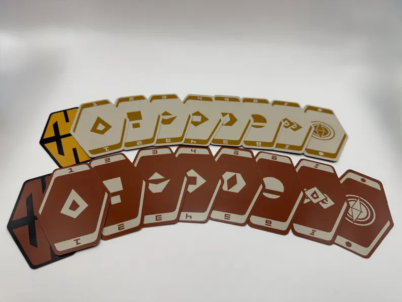 Unique hexagonal playing cards from the Sabacc-inspired deck, showcasing numbered symbols and bold colors. Great for Star Wars enthusiasts and tabletop gamers.