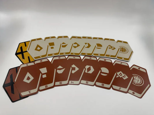 Unique hexagonal playing cards from the Sabacc-inspired deck, showcasing numbered symbols and bold colors. Great for Star Wars enthusiasts and tabletop gamers.